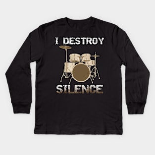 Destroy Silence - Fun Vintage Drummer Shirt Drum Set Gifts Kids Long Sleeve T-Shirt